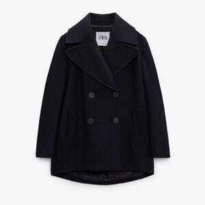 Zara Navy Pea Coat Double-Breasted Oversized Wool